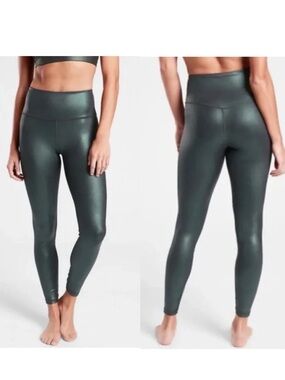 Athleta Elation Ultra High Rise Leggings 7/8 Shiny Green Activewear Workout L